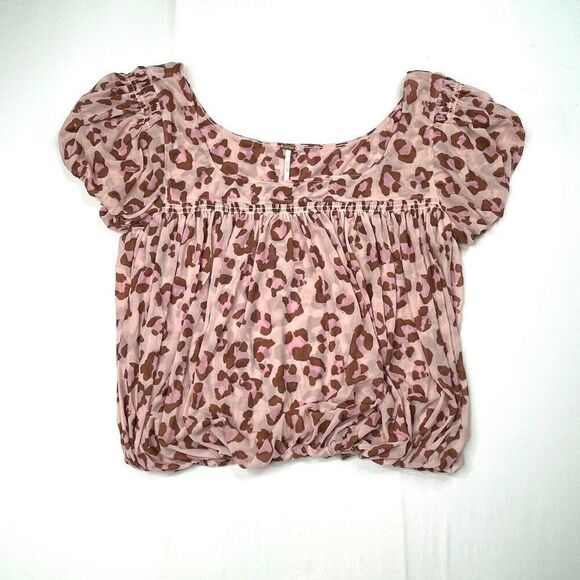 Free People Meg Leopard Print Blouse Pink Blush - Picture 2 of 10